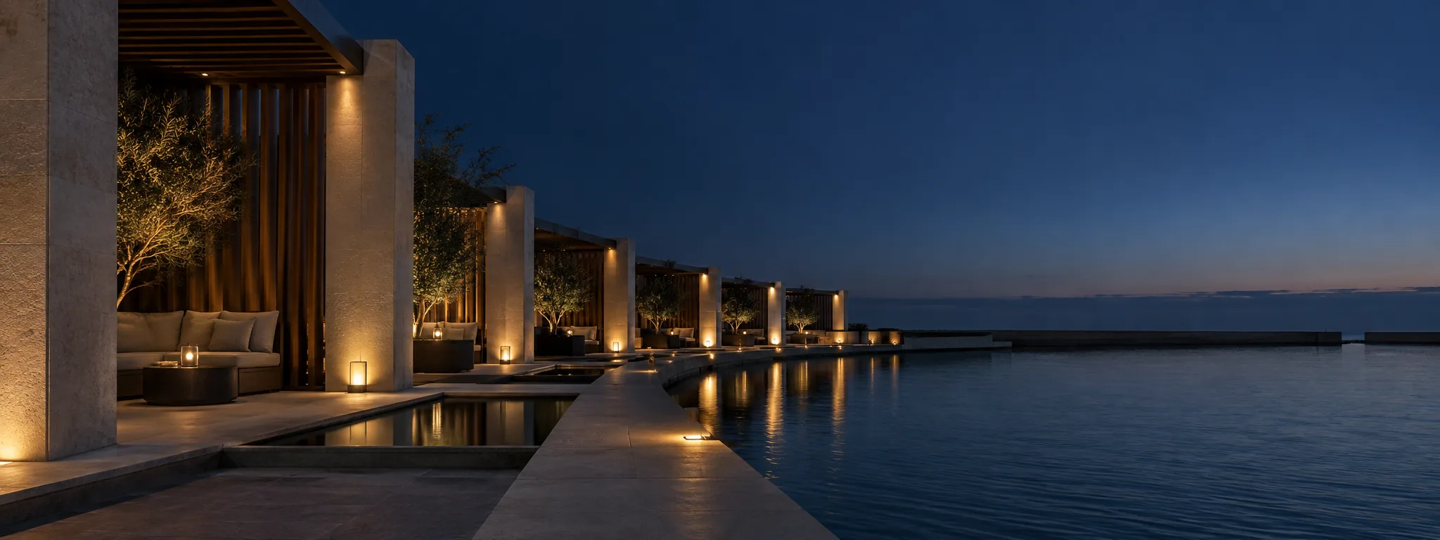 A colonnade and open horizon at dusk in Dubai