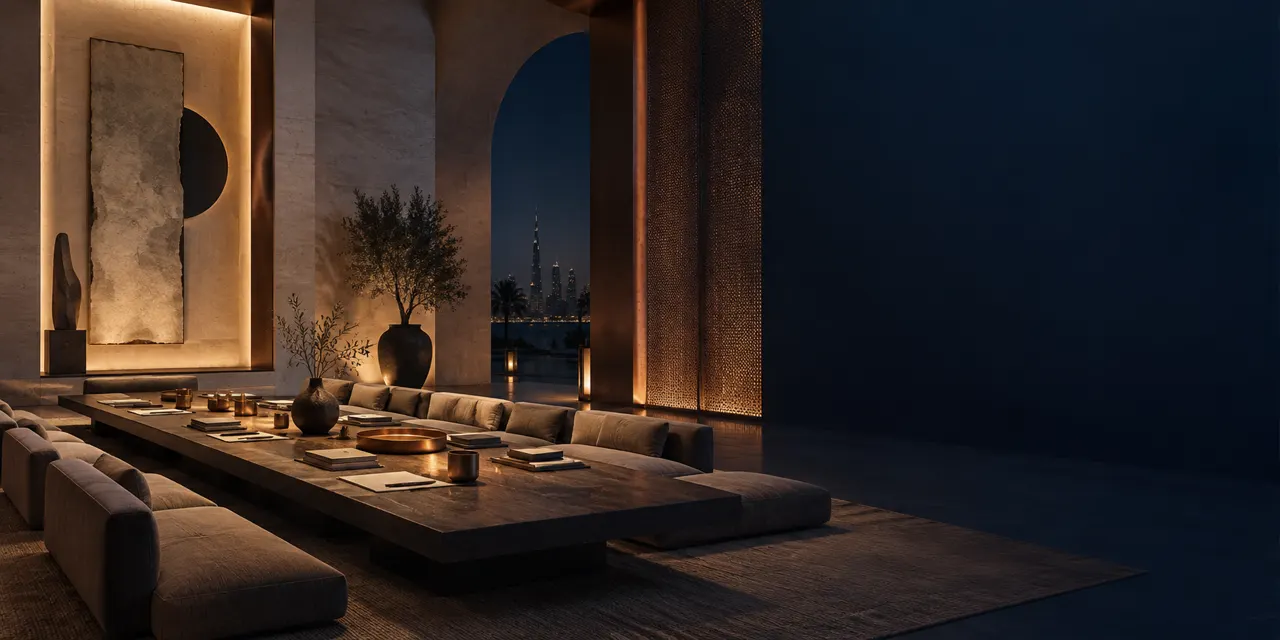 An intimate, empty limestone working room lit with copper light.